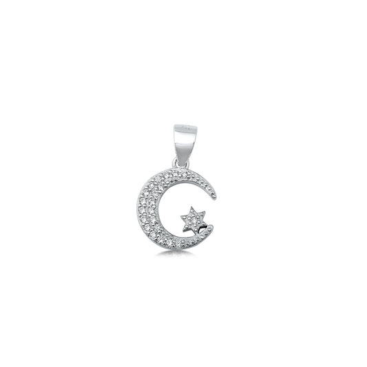 Silver CZ Pendant - Crescent Moon & Star