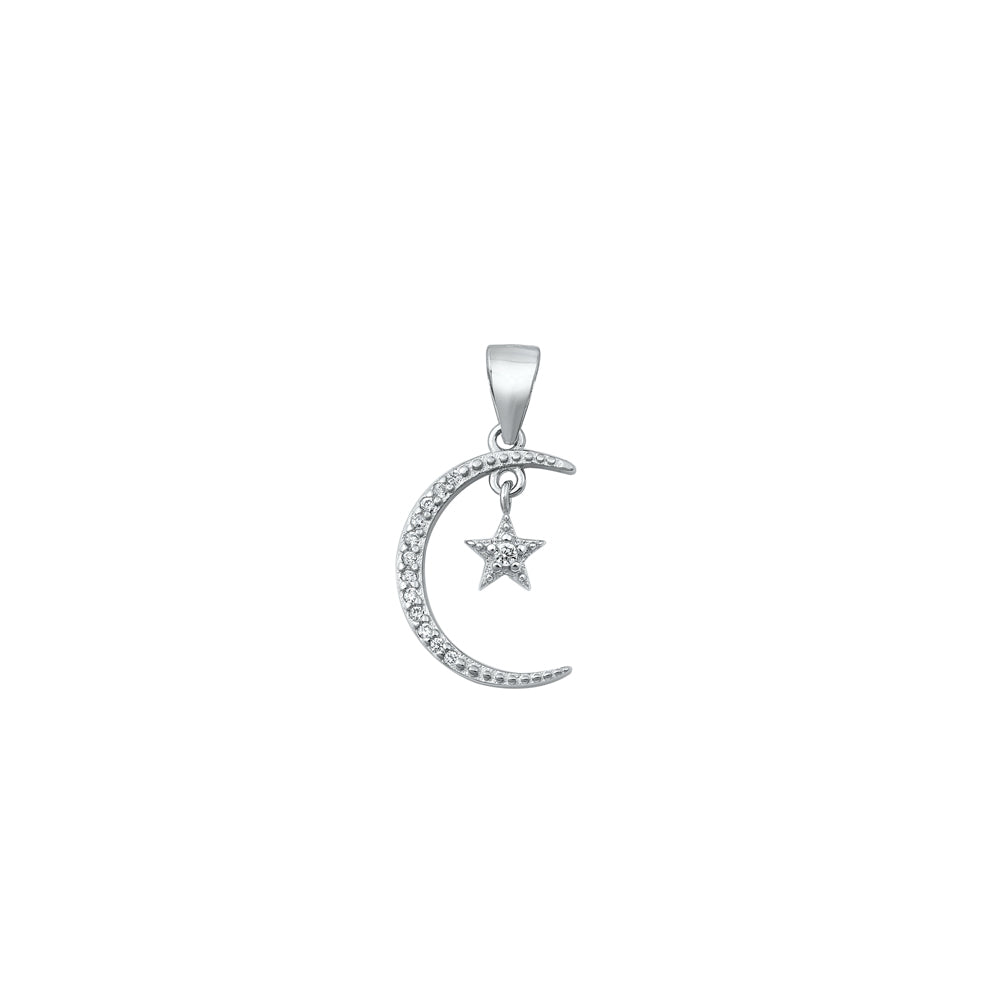 Silver CZ Pendant - Moon and Dangling Star