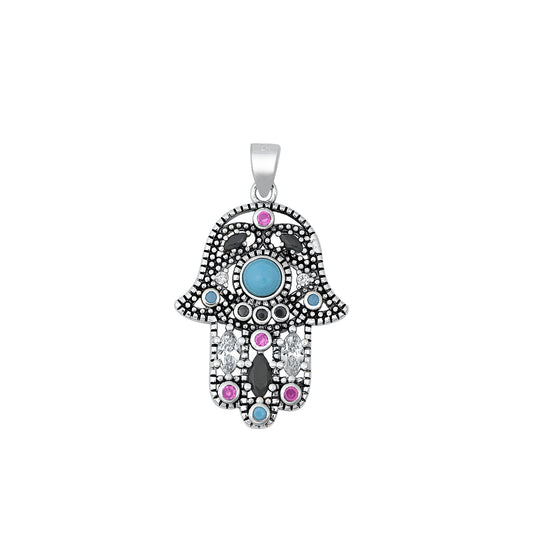 Silver CZ Pendant - Bejeweled Hamsa