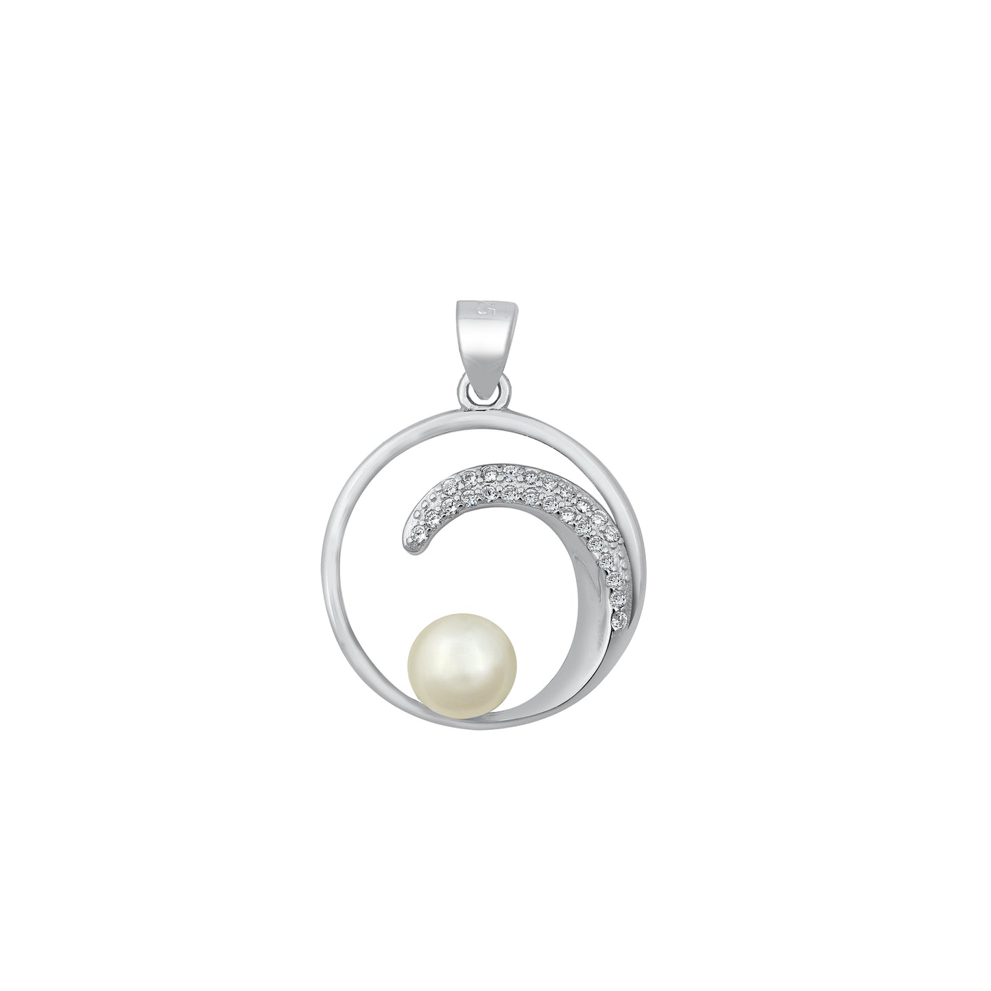 Silver CZ Pendant - Pearl & Wave