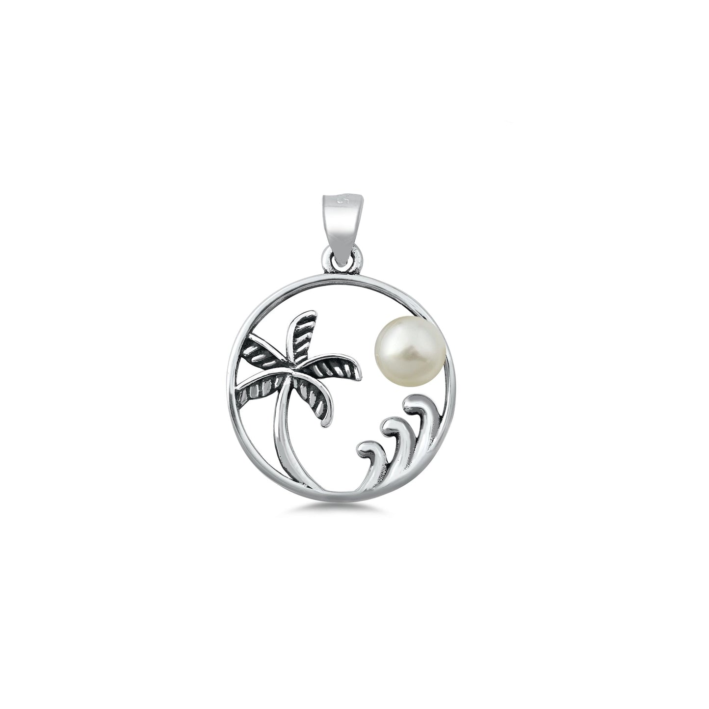 Silver Pearl Pendant - Palm Tree & Waves