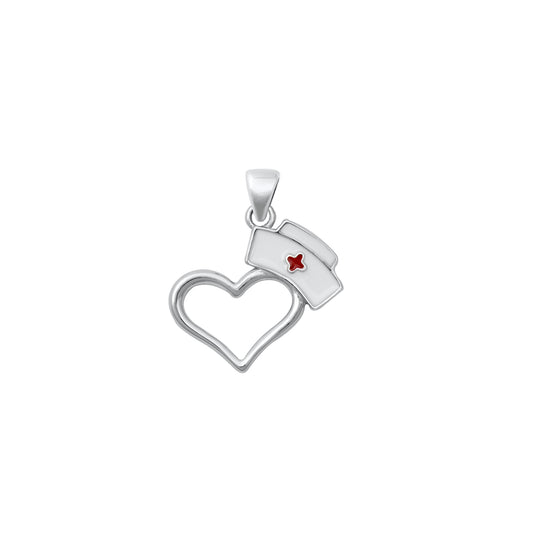 Silver CZ Pendant - Nurse Hat Heart