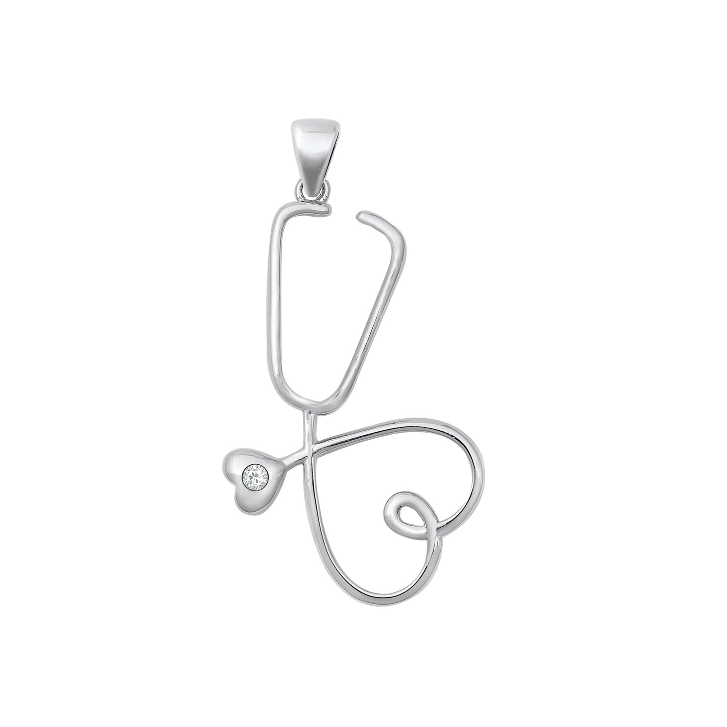 Silver CZ Pendant - Heart Stethoscope