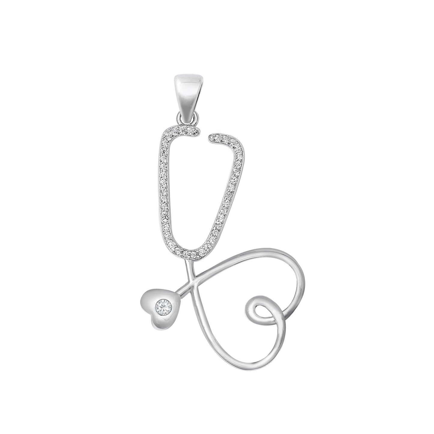 Silver CZ Pendant - Heart Stethoscope