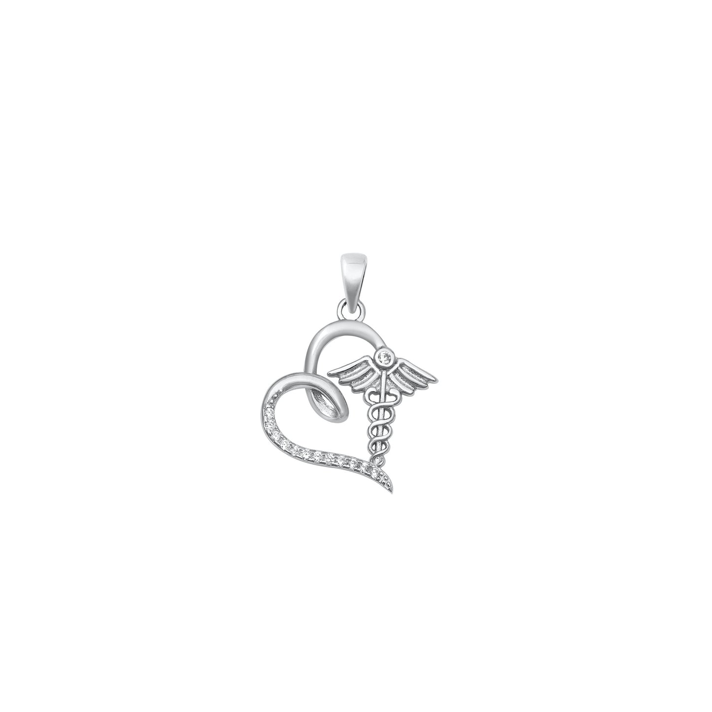 Silver CZ Pendant - Heart Caduceus