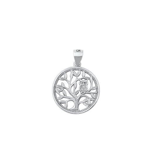 Silver CZ Pendant - Owl & Tree