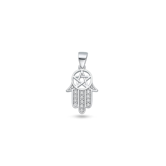 Silver CZ Pendant - Hamsa & Pentagram