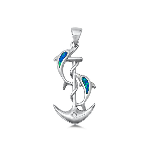 Silver Lab Opal Pendant - Anchor & Dolphins