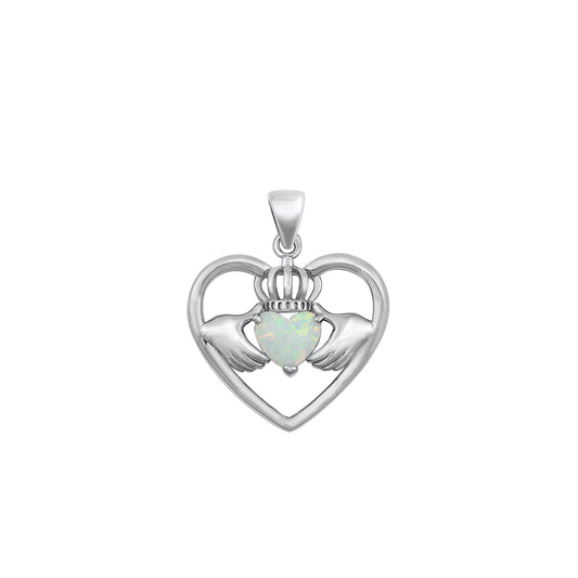 Silver Lab Opal Pendant - Claddagh in Heart