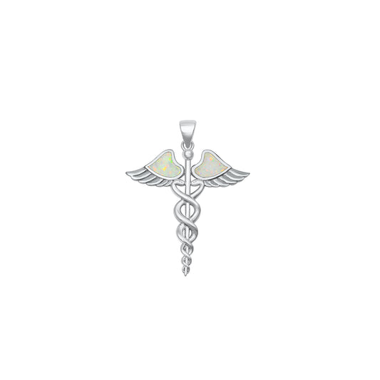 Silver Lab Opal Pendant - Caduceus