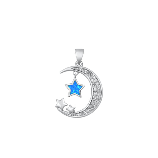Silver Lab Opal Pendant - Moon & Stars