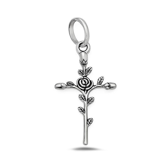 Silver Pendant - Cross w/ Rose