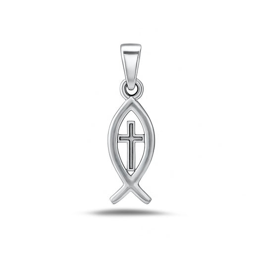 Silver Pendant - Christian Fish w/ Cross