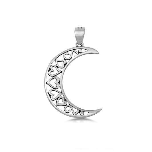 Silver Pendant - Crescent Moon & Hearts