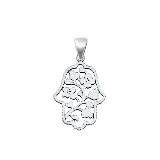 Silver Pendant - Hamsa & Flowers