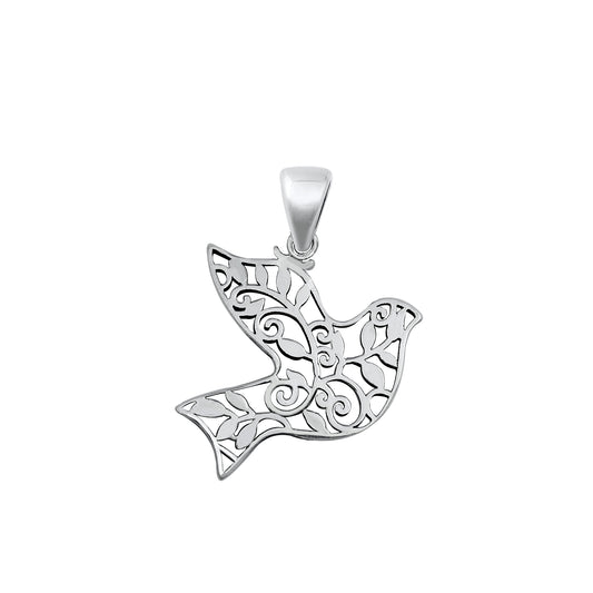 Silver Pendant - Dove & Flowers