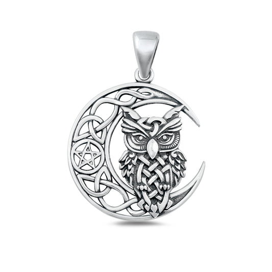 Silver Pendant - Owl & Celtic Moon