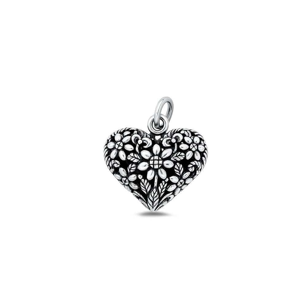 Silver Pendant - Heart & Flowers