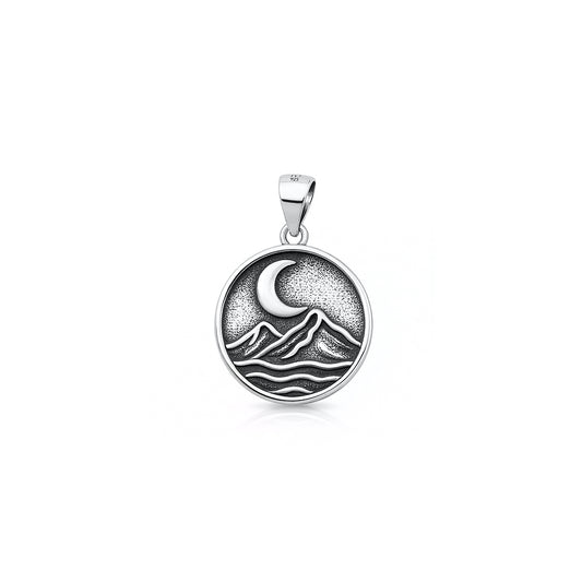 Silver Pendant - Moon & Mountains