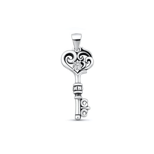 Silver CZ Pendant - Filigree Heart Key