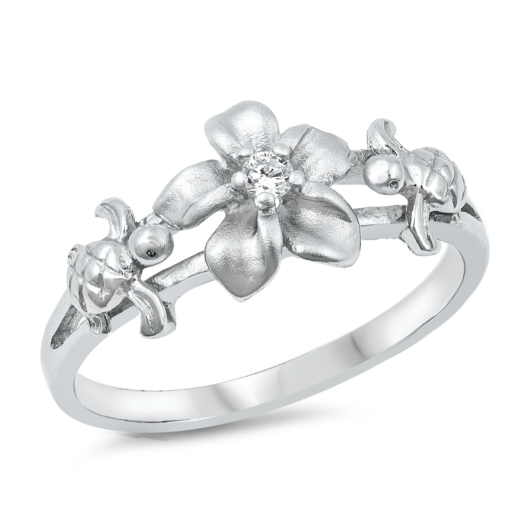 Silver CZ Ring - Plumeria & Turtle
