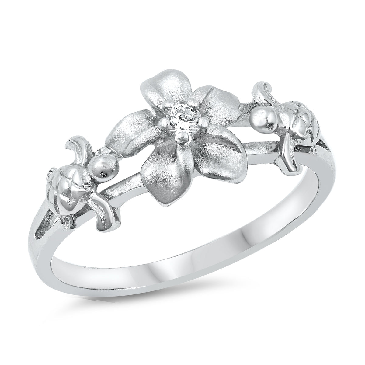 Silver CZ Ring - Plumeria & Turtle