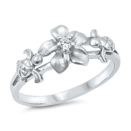 Silver CZ Ring - Plumeria & Turtle