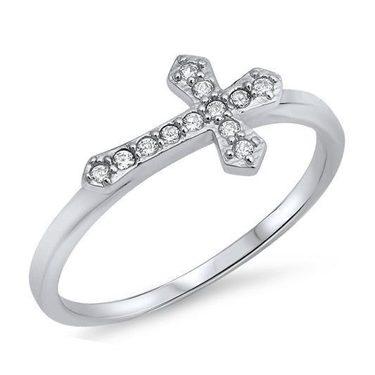 Silver CZ Ring - Sideways Cross