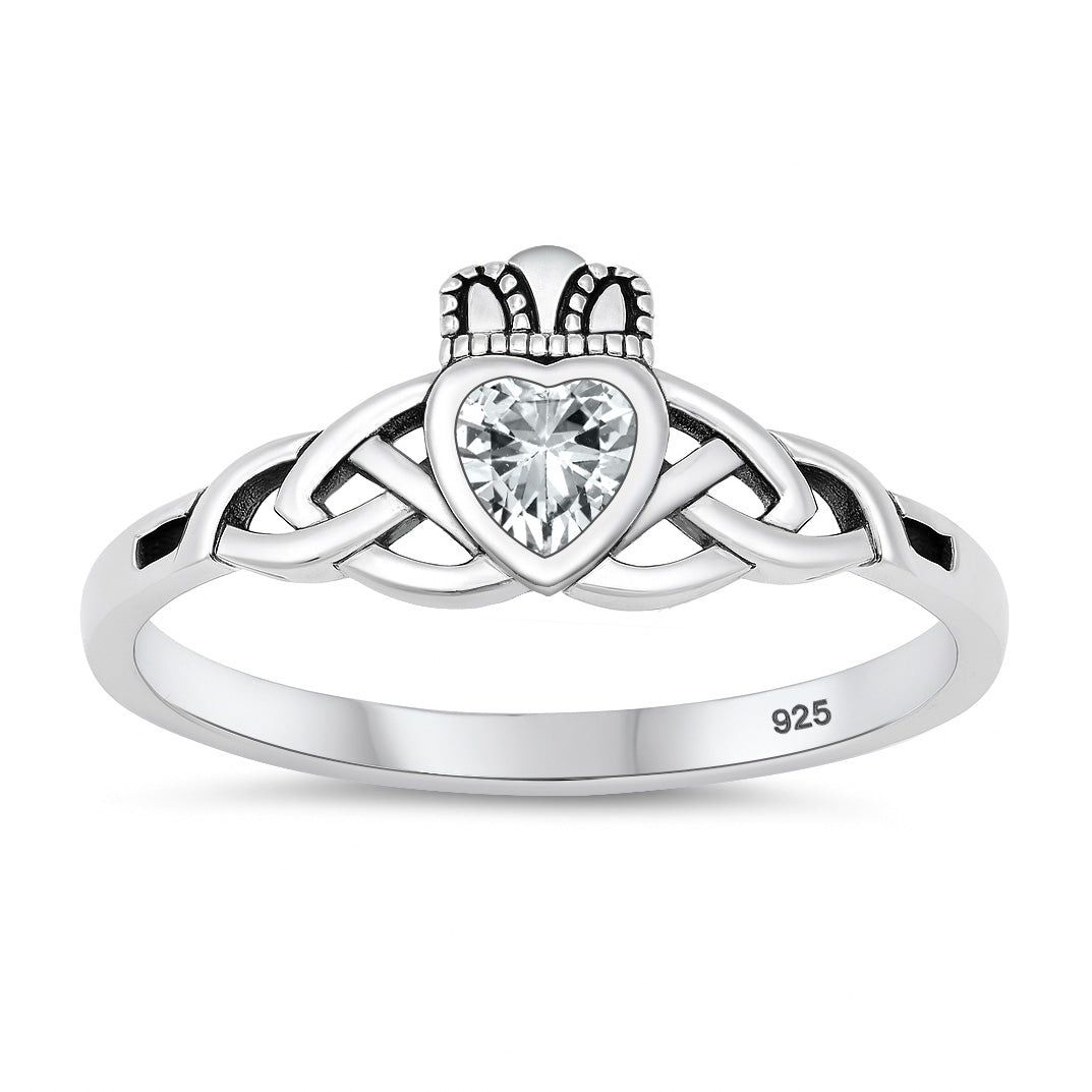 Silver CZ Ring - Celtic Claddagh ring