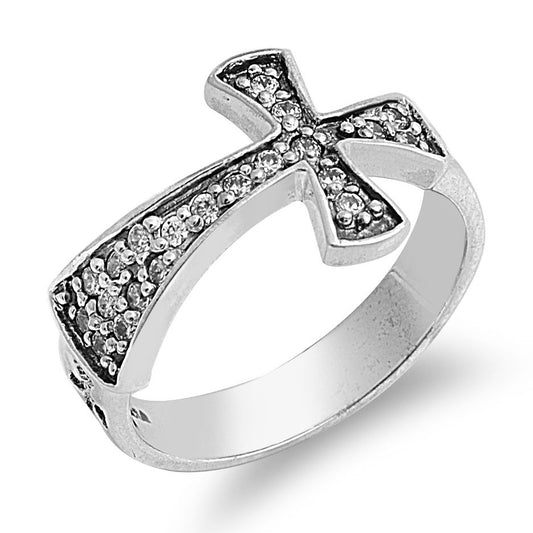 Silver CZ Ring - Sideways Cross