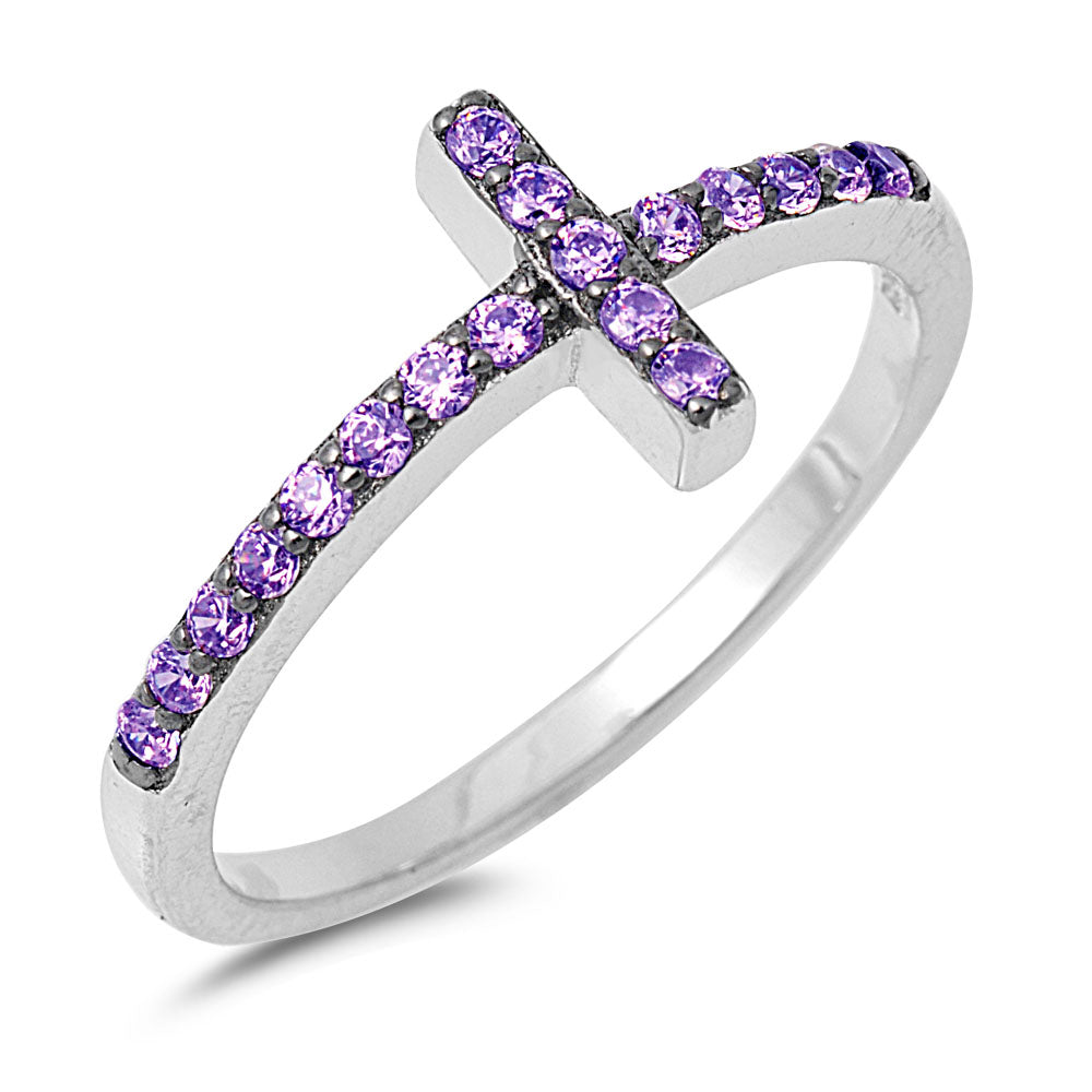 Silver CZ Ring - Sideways Cross