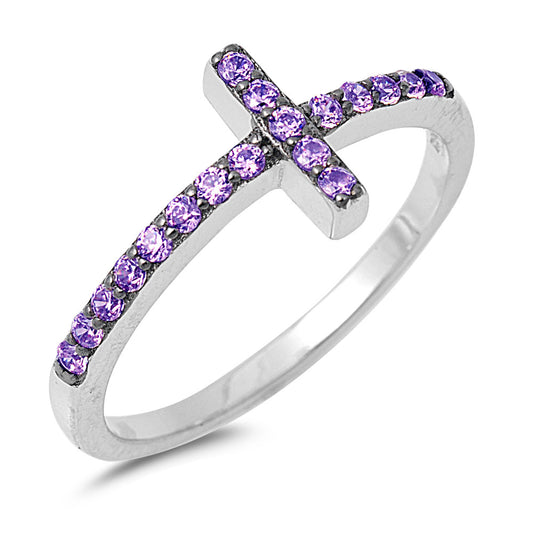 Silver CZ Ring - Sideways Cross