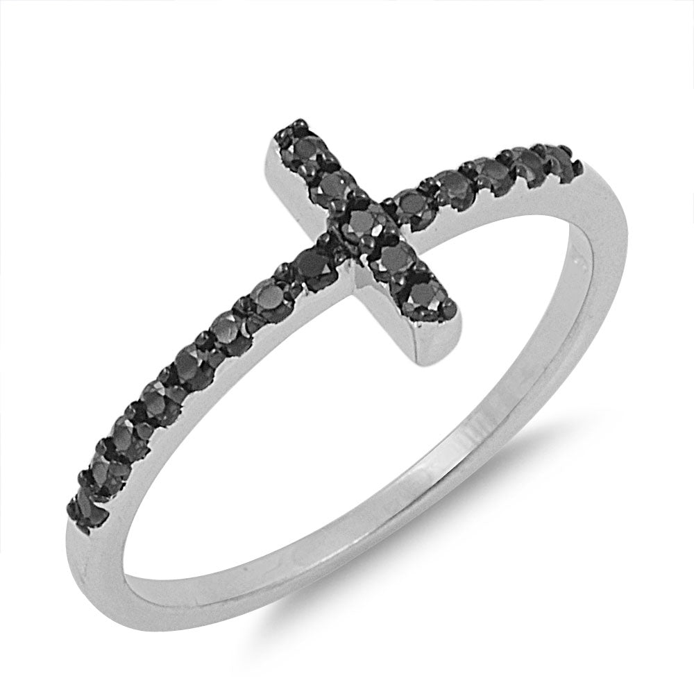 Silver CZ Ring - Sideways Cross