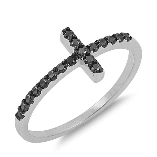 Silver CZ Ring - Sideways Cross