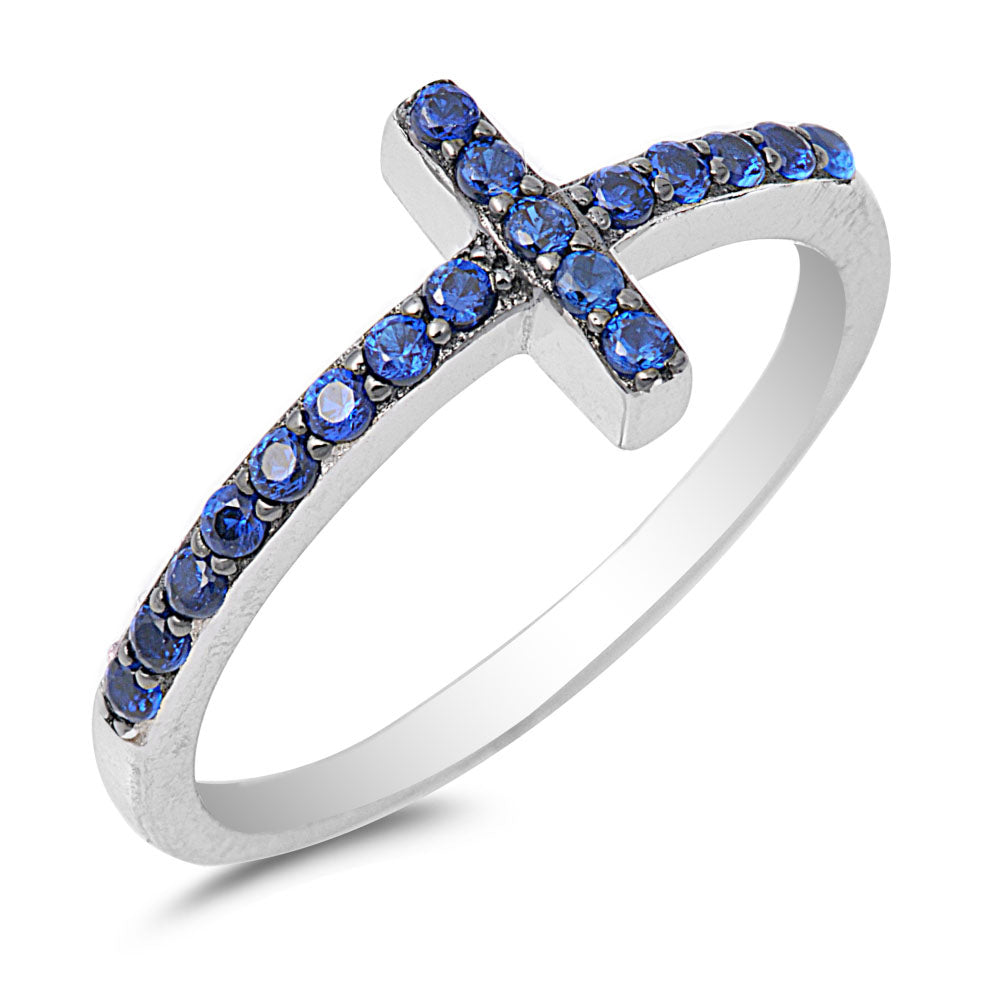 Silver CZ Ring - Sideways Cross