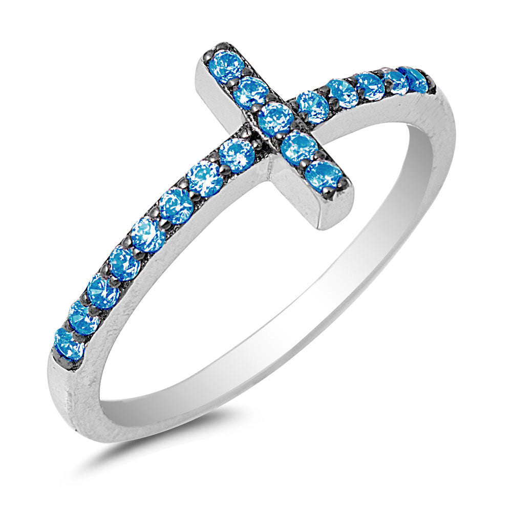Silver CZ Ring - Sideways Cross