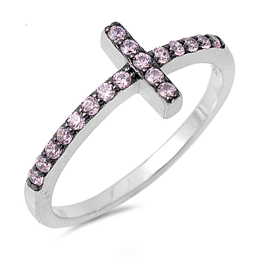 Silver CZ Ring - Sideways Cross