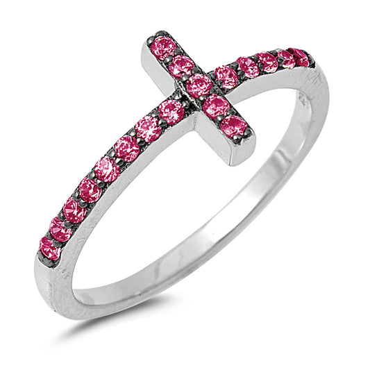 Silver CZ Ring - Sideways Cross