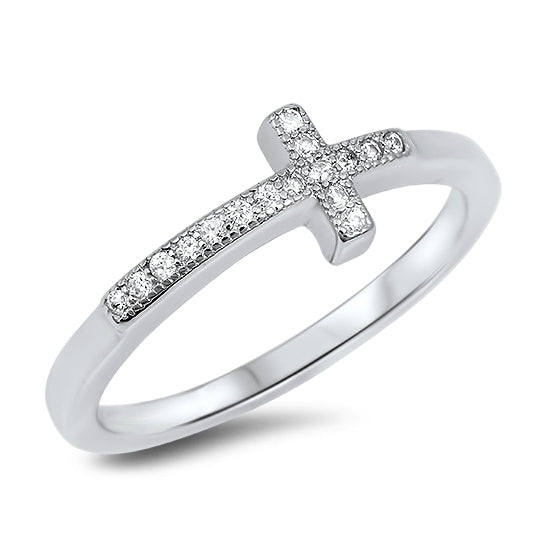 Silver CZ Ring - Sideway Cross