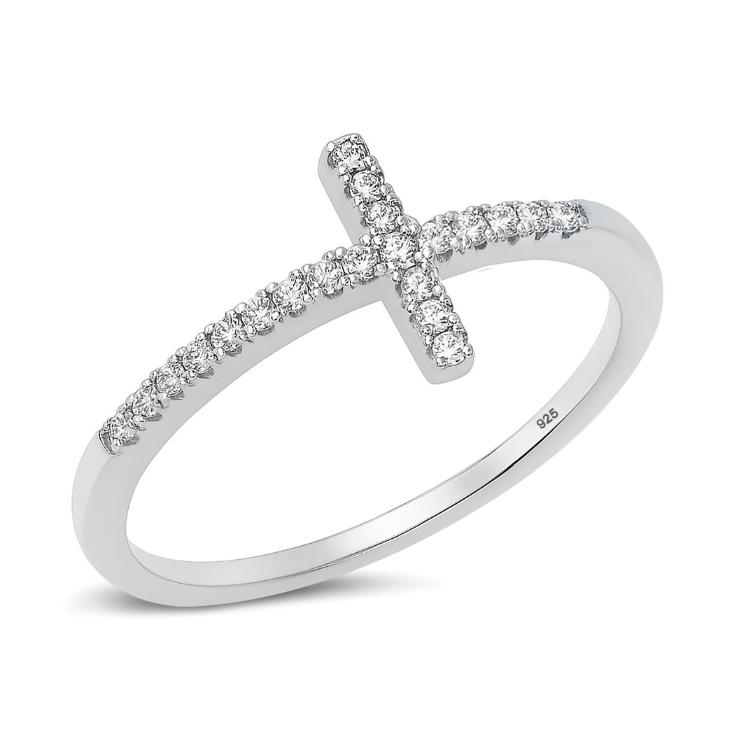 Silver CZ Ring - Sideways Cross