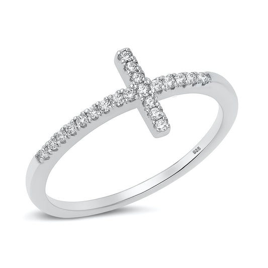 Silver CZ Ring - Sideways Cross