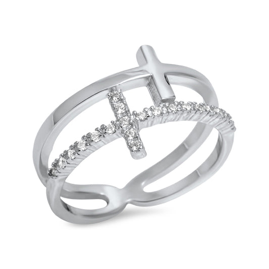 Silver CZ Ring - Sideways Cross