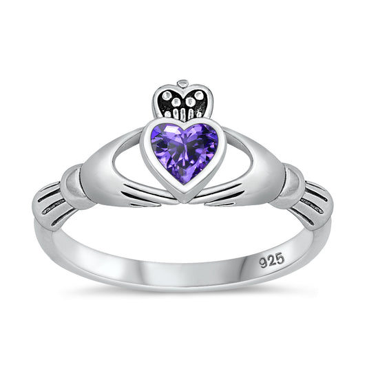 Silver Claddagh Ring - Amethyst CZ