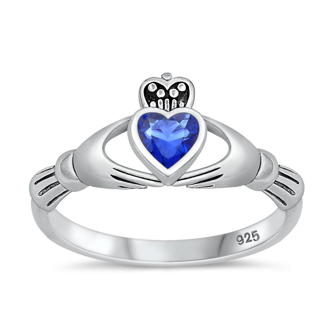 Silver Claddagh Ring - Blue Sapphire CZ