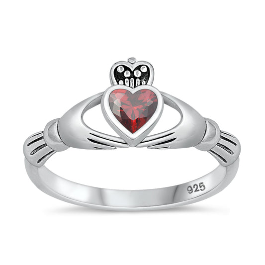 Silver Claddagh Ring - Garnet CZ