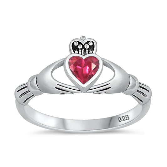 Silver Claddagh Ring - Ruby CZ