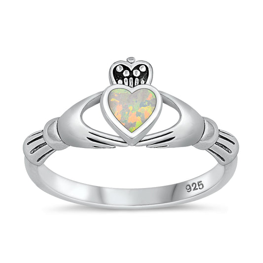 Silver Claddagh Ring - White Lab Opal