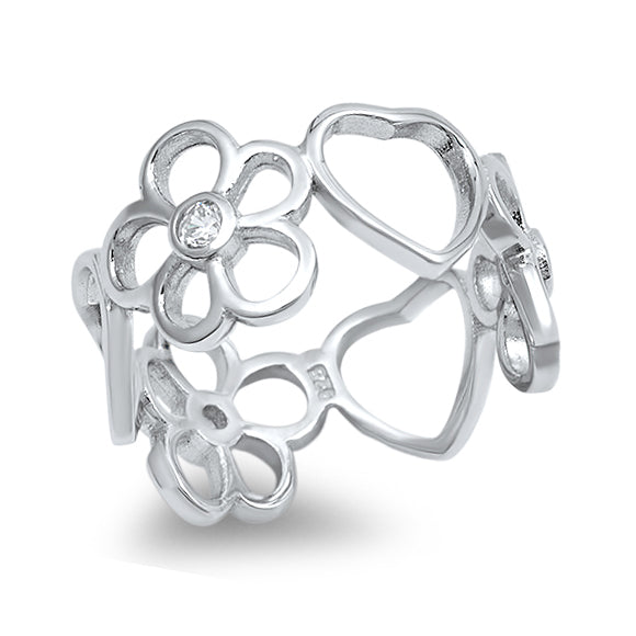 Silver CZ Ring - Flower & Heart
