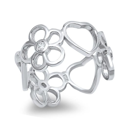 Silver CZ Ring - Flower & Heart