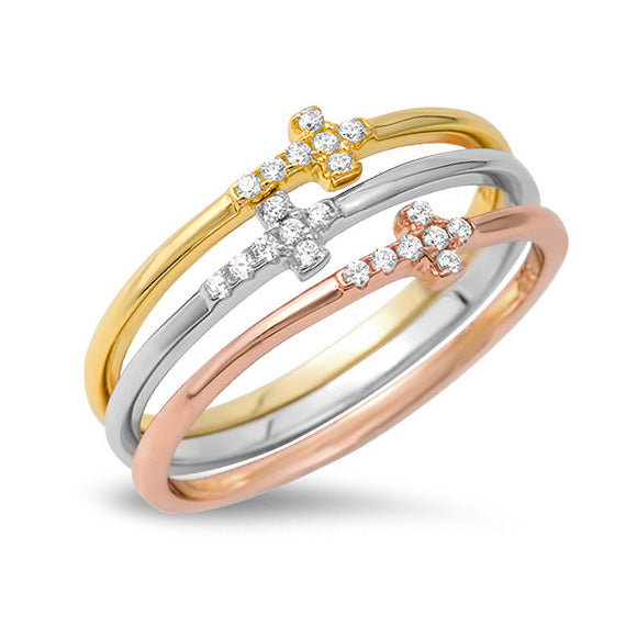 Silver CZ Ring - 3-Band Sideways Cross